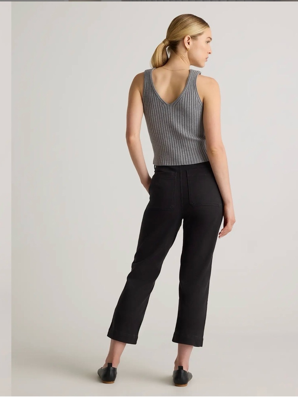 NEW Quince 8 organic cotton black twill stretch straight leg ankle pant casual